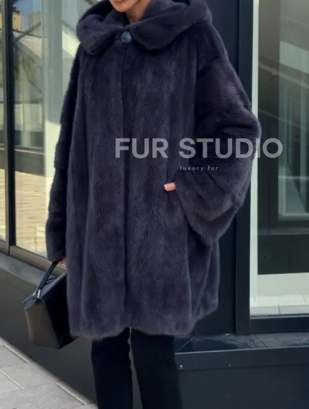Норковая шуба с капюшоном,  роспуск - темный графит - фото 1