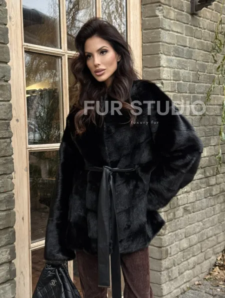 Черный норковый полушубок с воротником V-образным - фото 10