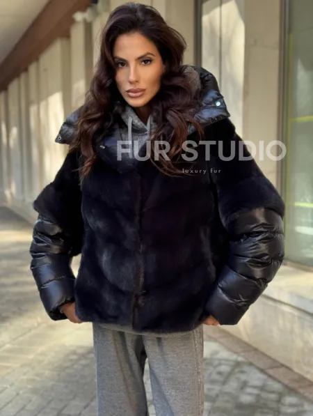 Женская меховая норковая куртка -темный графит - фото 2
