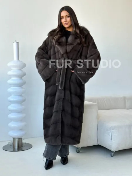 Длинная норковая шуба с капюшоном - графит - фото 10
