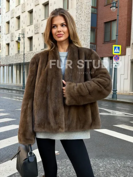 Короткий норковый жакет - цвет соболь - фото 0
