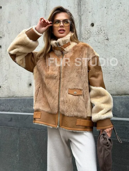 Комбинированная дубленка из овчины и норки - фото 9