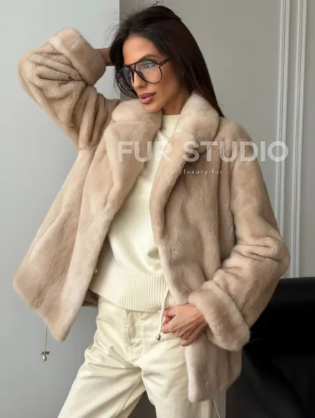 Норковый полушубок в натуральном цвете пастель - фото 10