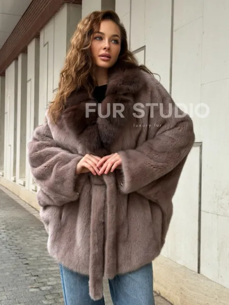 Норковая шуба летучка - воротник куница - фото 6