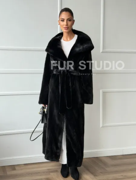 Чёрная норковая шуба модель «кимоно» с капюшоном кобра - фото 10
