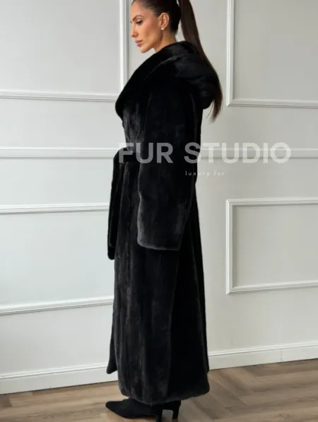 Чёрная норковая шуба модель «кимоно» с капюшоном кобра - фото 2