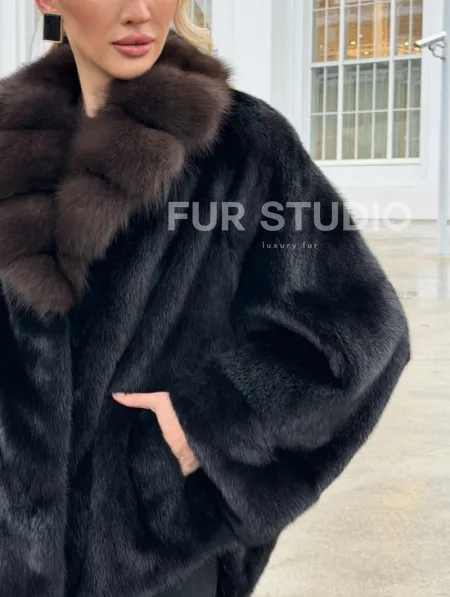 Черный норковый жакет с воротником куницы - фото 3