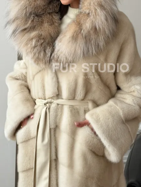 Длинная норковая шуба - капюшон из меха рыси - фото 2