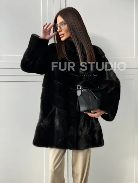 Черная норковая шуба - стойка воротник - фото 8