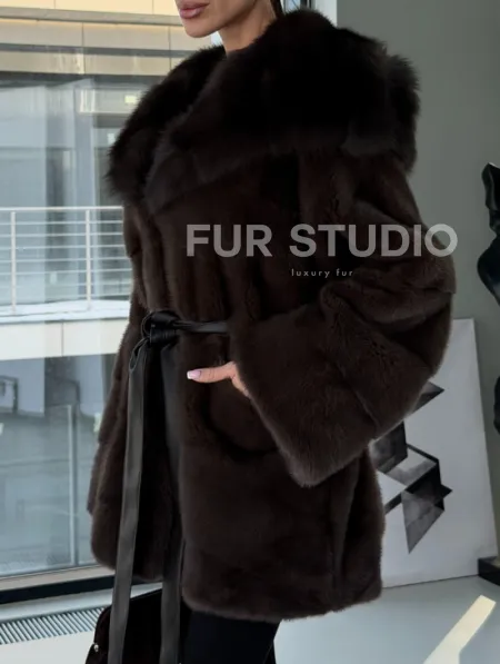 Норковая шуба кимоно с капюшоном куница - фото 2