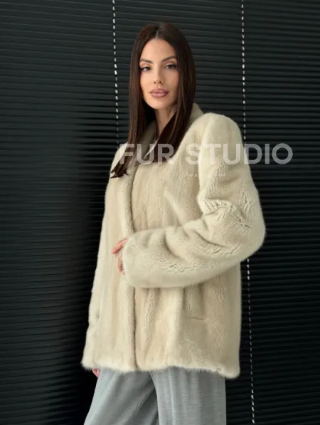 Светлый норковый жакет V-образный воротник - фото 0