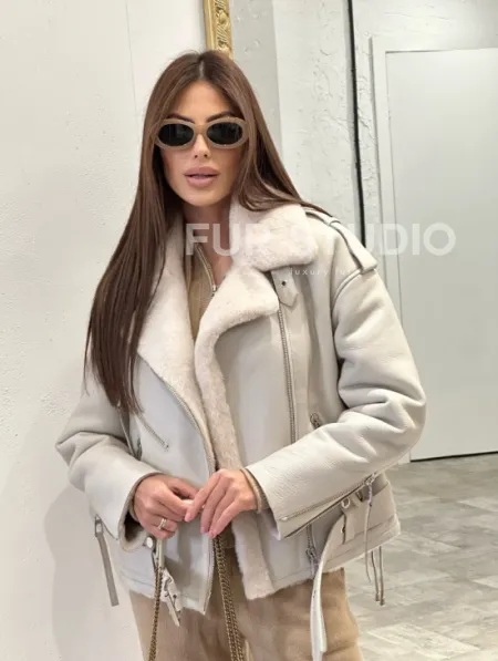 Дубленка-авиатор из натуральной овчины со шнуровкой - фото 0