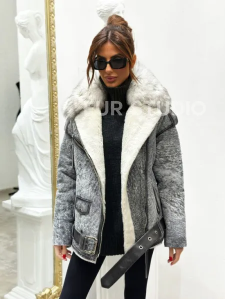 Дубленка из натуральной овчины - цвет серый - фото 3