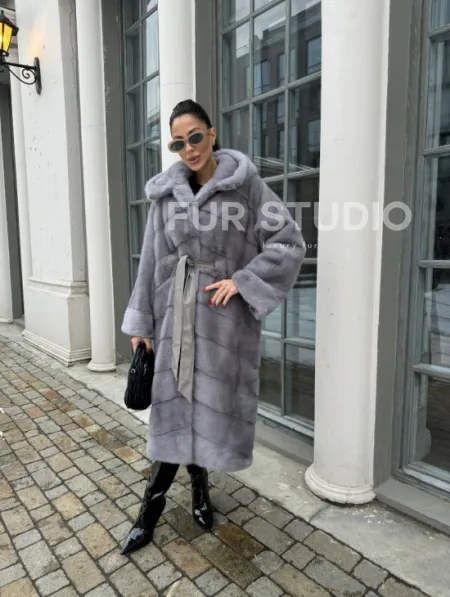 Норка кимоно паркет с капюшоном - цвет серый сапфир - фото 7