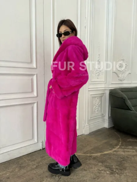 Норка кимоно с капюшоном, паркет - цвет фуксия - фото 5