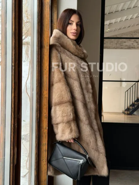 Норковая шуба с капюшоном - цвет пастель - фото 8