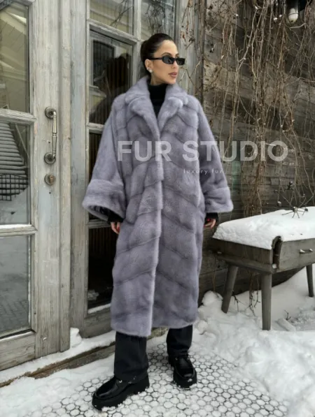 Шуба норковая в стиле Oversize - цвет серый сапфир - фото 6