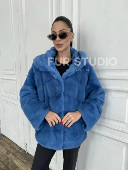 Норковый полушубок с капюшоном, паркет - цвет васильковый - фото 2