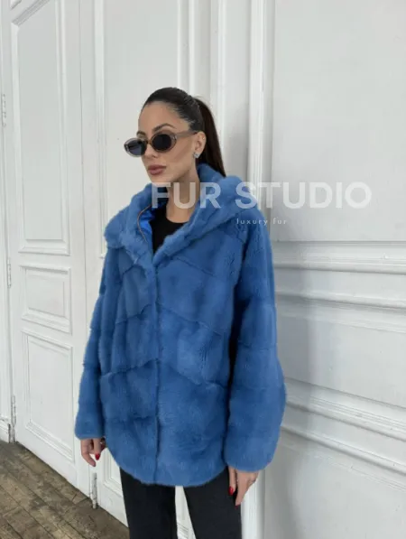 Норковый полушубок с капюшоном, паркет - цвет васильковый - фото 6