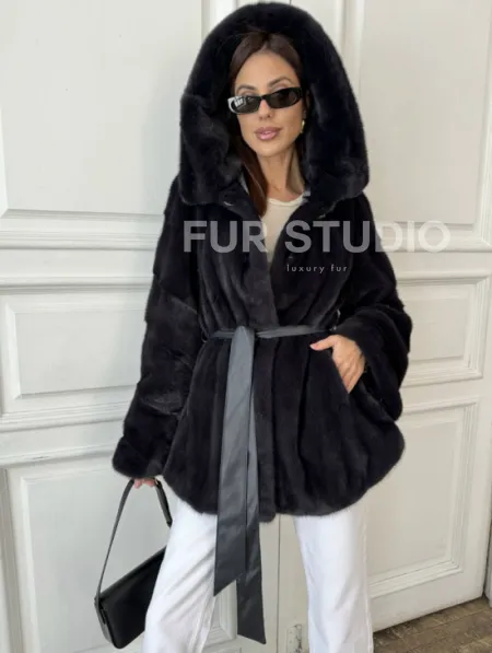Норковый жакет с капюшоном, роспуск - цвет графит - фото 3