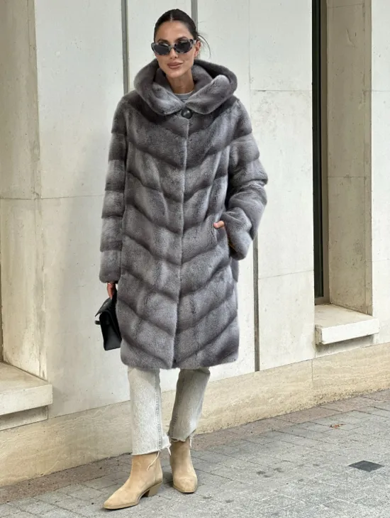 Норковая шуба с капюшоном - цвет PLATINUM (СЕРЫЙ) - фото 6