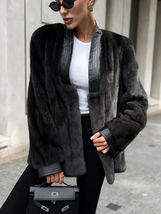 Жакет - шуба из меха норки с отделкой из кожи - графит - фото 2