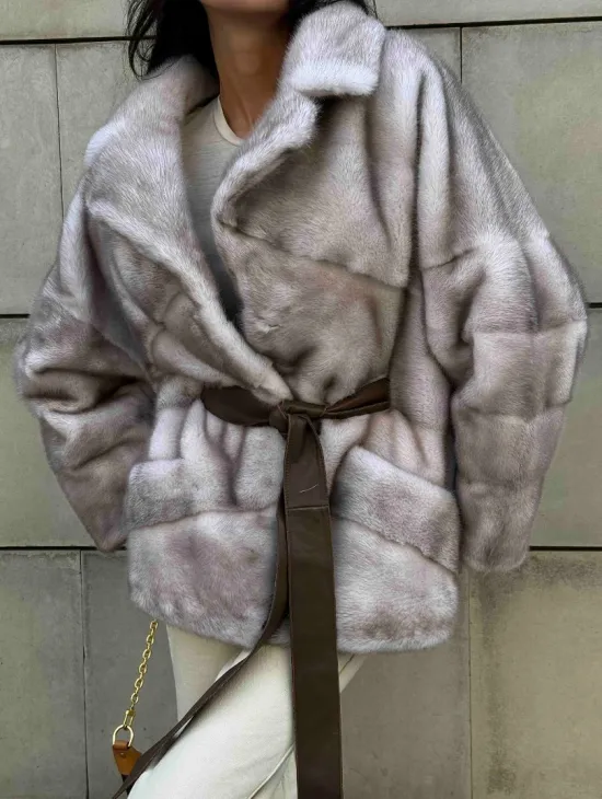 Укороченная шуба из меха норки модель кимоно - цвет колотый лед - фото 3