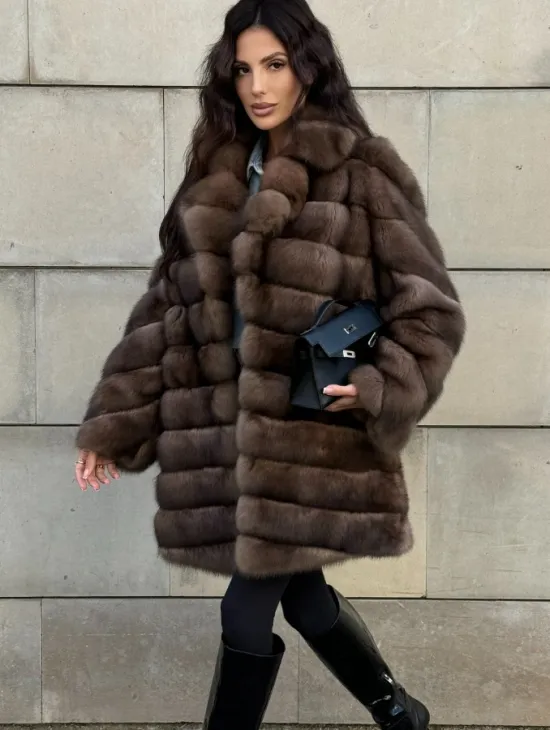 Меховое манто из баргузинского соболя с диагональной раскладкой, SILVER 1-2 - фото 0