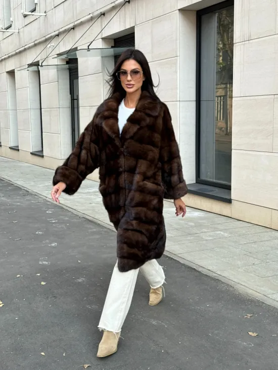 Шуба из меха соболиной норки английский воротник - цвет соболь - фото 9