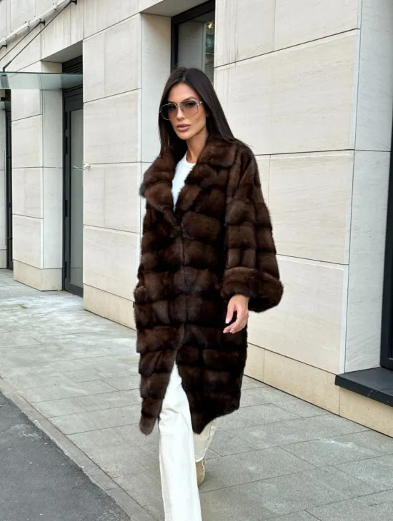 Шуба из меха соболиной норки английский воротник - цвет соболь - фото 8