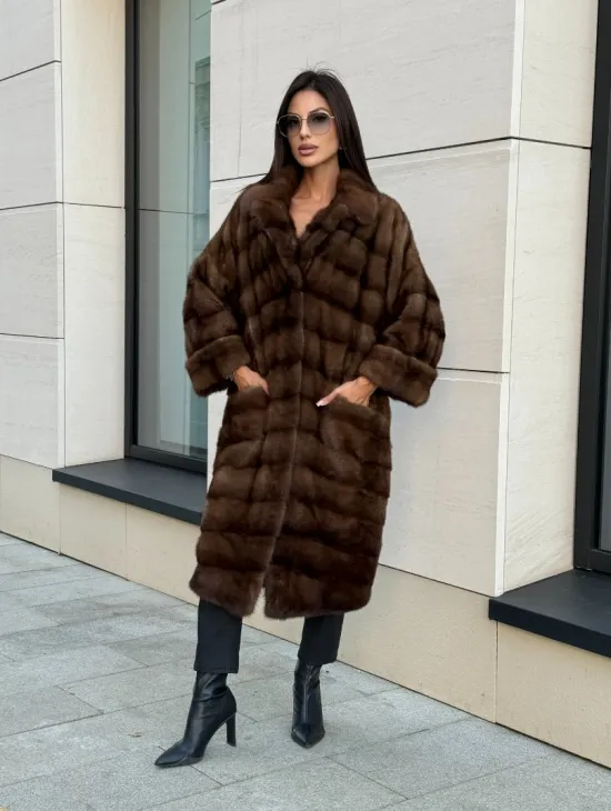 Шуба натуральная из меха норки английский воротник - цвет соболь - фото 0