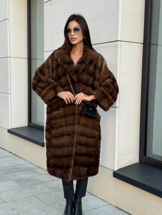 Шуба натуральная из меха норки английский воротник - цвет соболь - фото 6