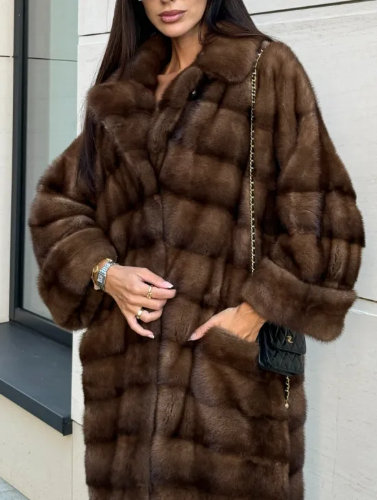 Шуба натуральная из меха норки английский воротник - цвет соболь - фото 3