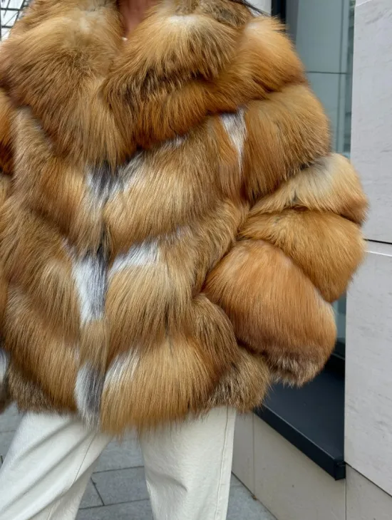 Шуба из меха рыжей лисы в натуральном цвете, паркетной раскладке - фото 2
