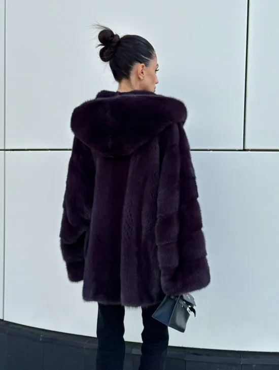 Норковый полушубок автоледи с капюшоном - цвет инжир - фото 6