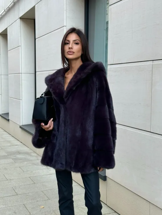 Меховое полупальто из аукционной норки с капюшоном Dark violet - фото 6