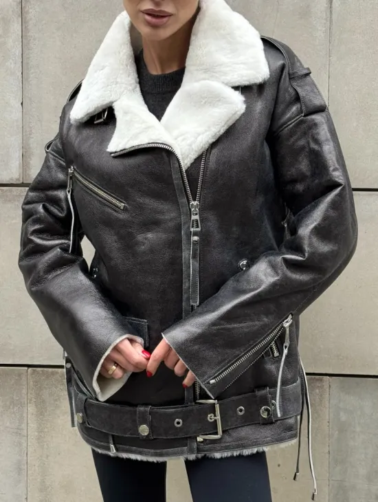 Дубленка-авиатор из натуральной овчины Dark Grey Vintage, со шнуровкой по боковому шву - фото 8