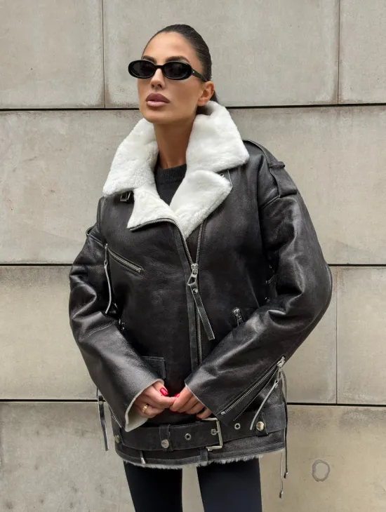 Дубленка-авиатор из натуральной овчины Dark Grey Vintage, со шнуровкой по боковому шву - фото 11