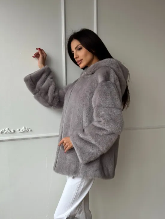 Женский меховой бомбер из аукционной норки с капюшоном  на молнии - фото 7