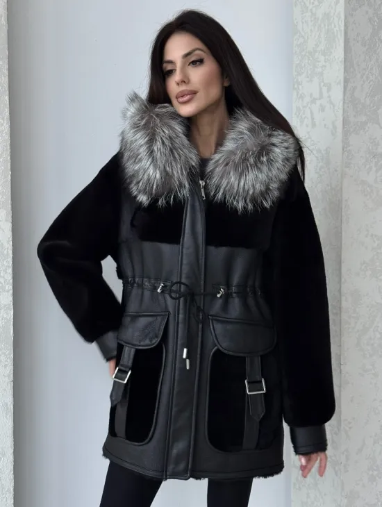 Дубленка женская из овчины на кулиске, капюшон - отделка из чернобурки - фото 3