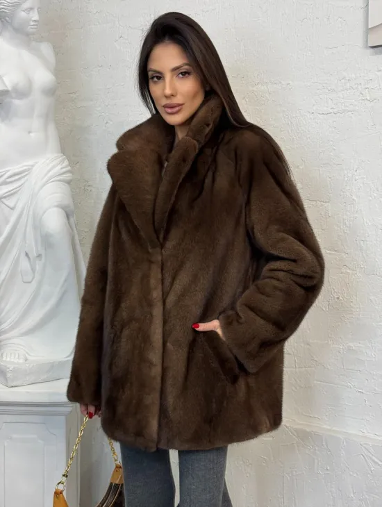 Женский жакет - полушубок Oversize из плюшевой норки Velvet английский воротник - фото 0