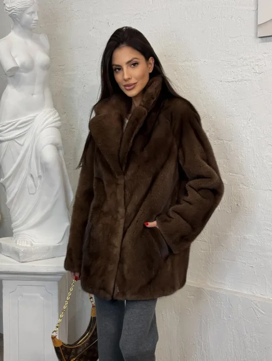 Женский жакет - полушубок Oversize из плюшевой норки Velvet английский воротник - фото 10