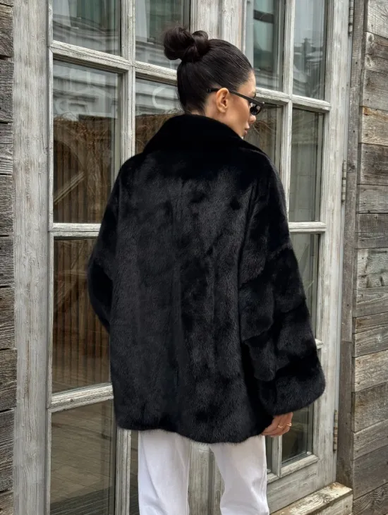 Женский норковый полушубок оверсайз в цвете Black, английский воротник - фото 6
