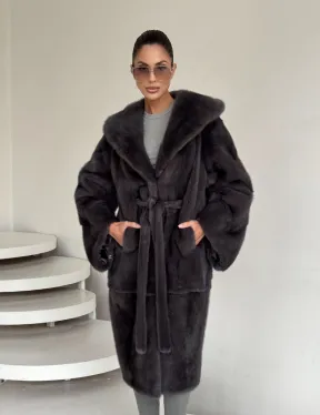 Зимняя норковая шуба с капюшоном - цвет графит - фото 8