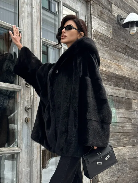 Черная зимняя шуба из меха норки Nafa mink с капюшоном - автоледи - фото 10