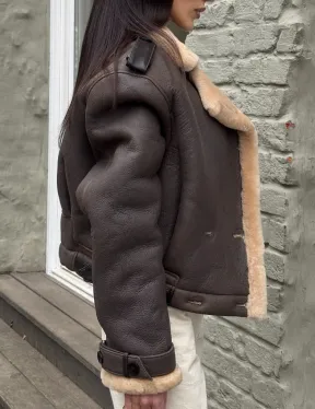 Кроп - дубленка двубортная Dark brown на пуговицах - фото 4