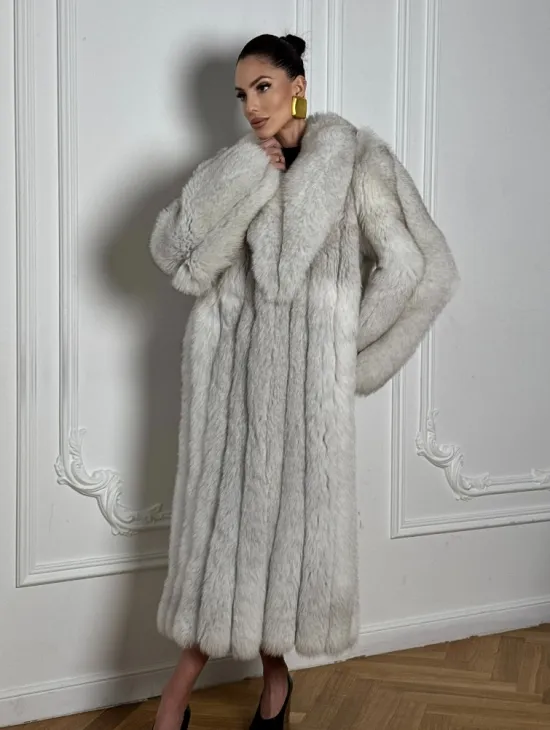 Длинная шуба из меха финского песца VINTAGE - колотый лёд - фото 5