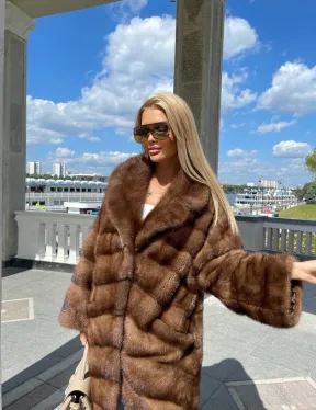 Удлиненная норковая шуба в цвете соболь - фото 0