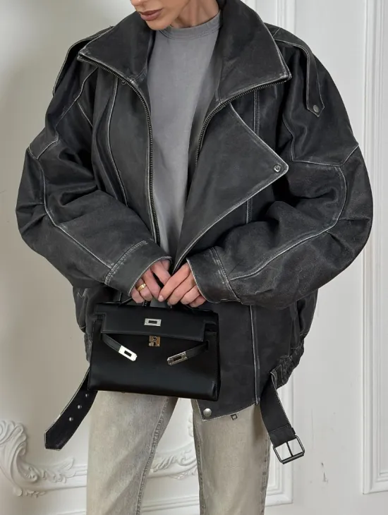 Кожаный женский бомбер Vintage grey с двойным воротником и затертыми швами - фото 2