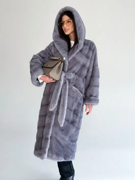 Удлиненная норковая шуба - кимоно с капюшоном - фото 10